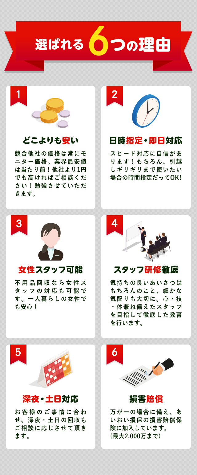 不用品回収キラキらいと滋賀が選ばれる６つの理由。どこよりも安い・競合他社の価格は常にモニター価格で業界最安値はあたりまえ！他社より１円でも高ければご相談ください！勉強させていただきます。日時指定、即日対応・弊社はスピード対応に最も自信があります。もちろん、引っ越しギリギリまで使いたい場合でも大丈夫！女性staff常駐・不用品回収キラキらいと滋賀なら女性スタッフの対応が可能です。一人暮らしの女性でも安心しておまかせできます。スタッフ研修徹底・笑顔で気持ちの良い挨拶はもちろん、細かな気配りも大切にしています。心、技、身体兼ね備えたスタッフをめざして徹底した教育を行っています。深夜・土日祝対応・お客様のご都合にあわせて、深夜や土日祝のご対応も相談に応じて対応させていただきます。損害賠償。万が一の場合に備えて、あいおい損保の損害賠償保険に加入しています。(最大2,000万まで)